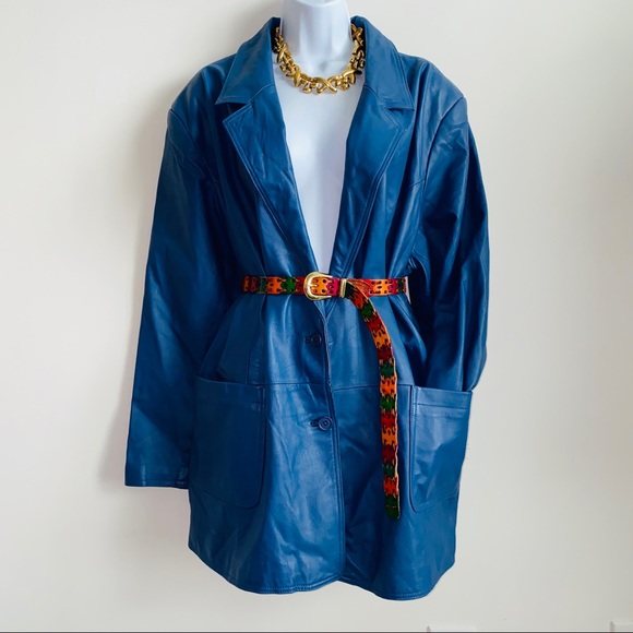 Beautiful Blue Genuine Leather Vintage Blazer Style Jacket - Picture 10 of 12